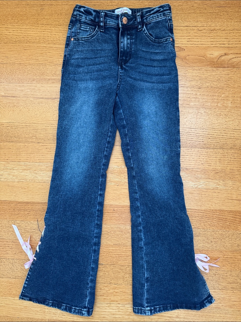 Girls Dark Blue Flare Jeans with Side Ribbon Detail
